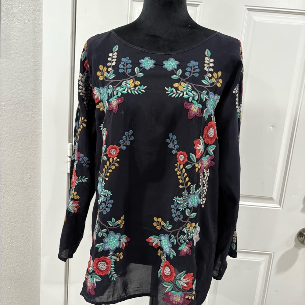 Johnny Was Black Blouse with Colorful Floral Embroidery